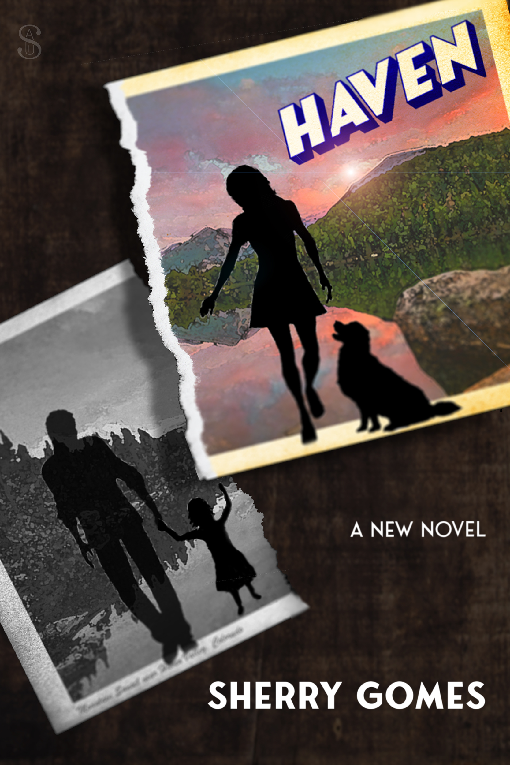 Cover of the book Haven, where the outline of a young woman and her Labrador on a picture postcard of a mountain lake scene is ripped in two, and the other half holds the shadows of her child and ex-husband. The woman and child are reaching towards each other across the ripped card's gap.